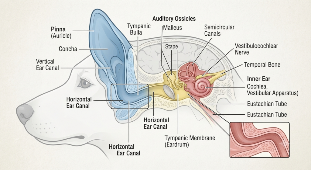 Dog ear anatomy diagram showing the L-shaped ear canal and otitis externa location