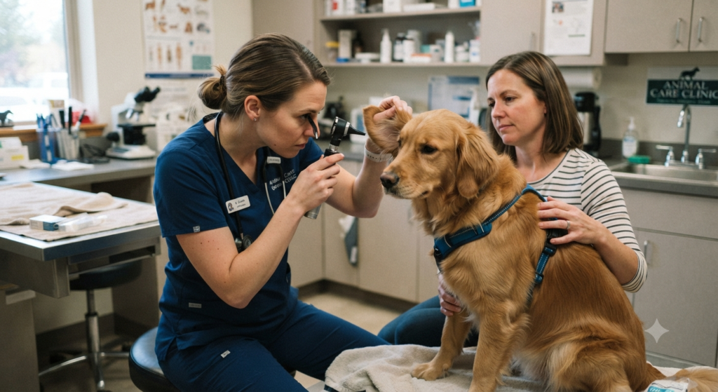 Vet checking a dog's ear for signs of infection