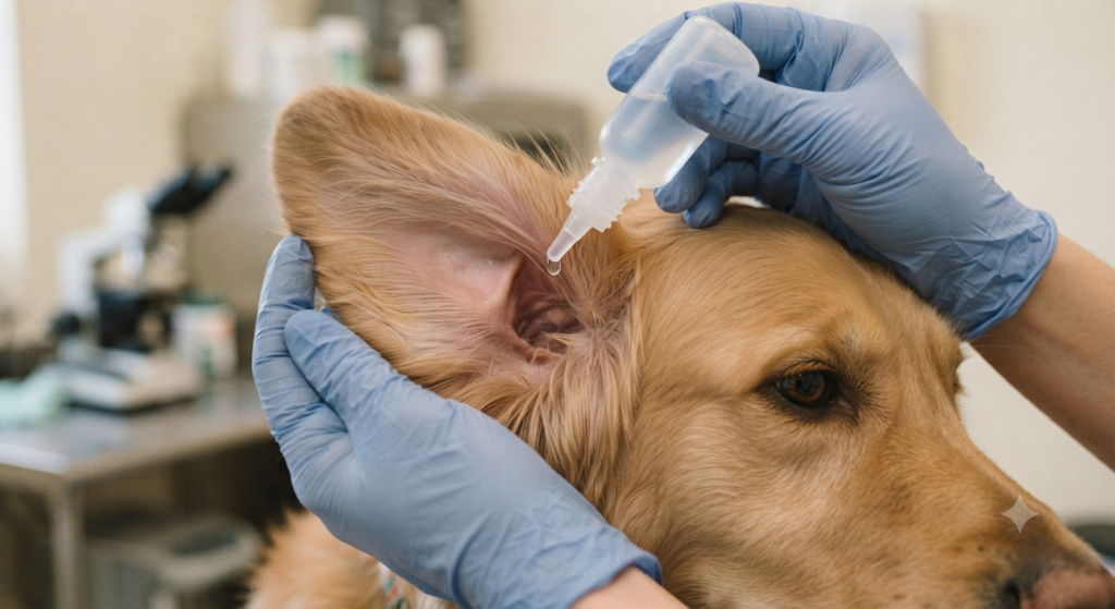 applying ear drops to a dog