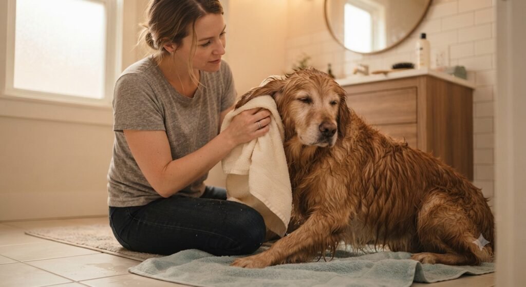 Owner drying a dog's ears with a towel to prevent ear infections