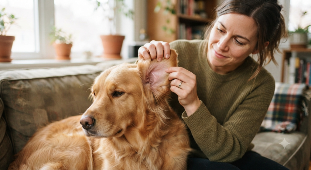 Owner checking a dog's ear at home for redness and irritation