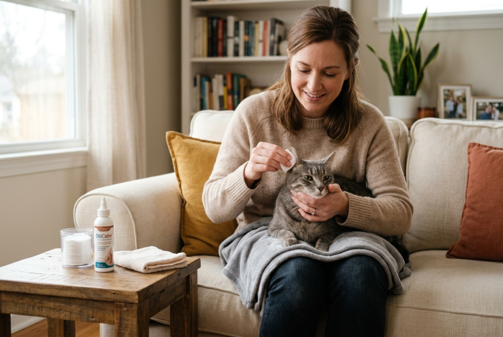 Person gently cleaning a calm cat's ear while cat sits on lap with cleaning supplies organized on side table