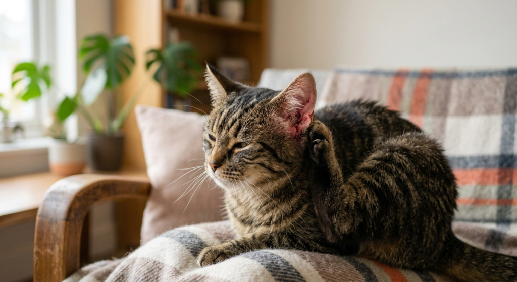 A cat scratching its ear with its hind paw showing signs of ear irritation