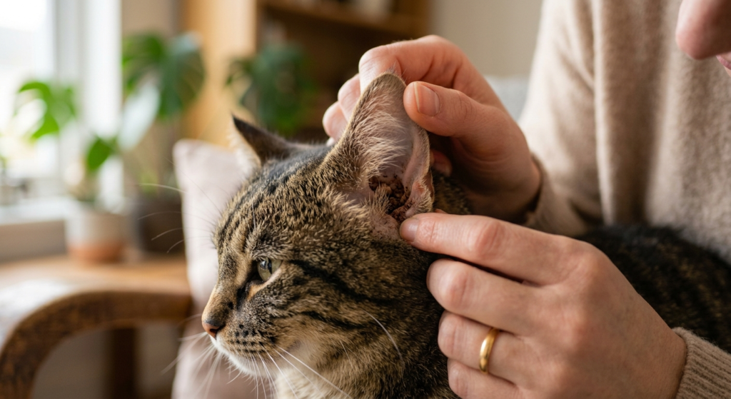  Close-up of a cat's inner ear showing dark, coffee-ground debris typical of ear mites
