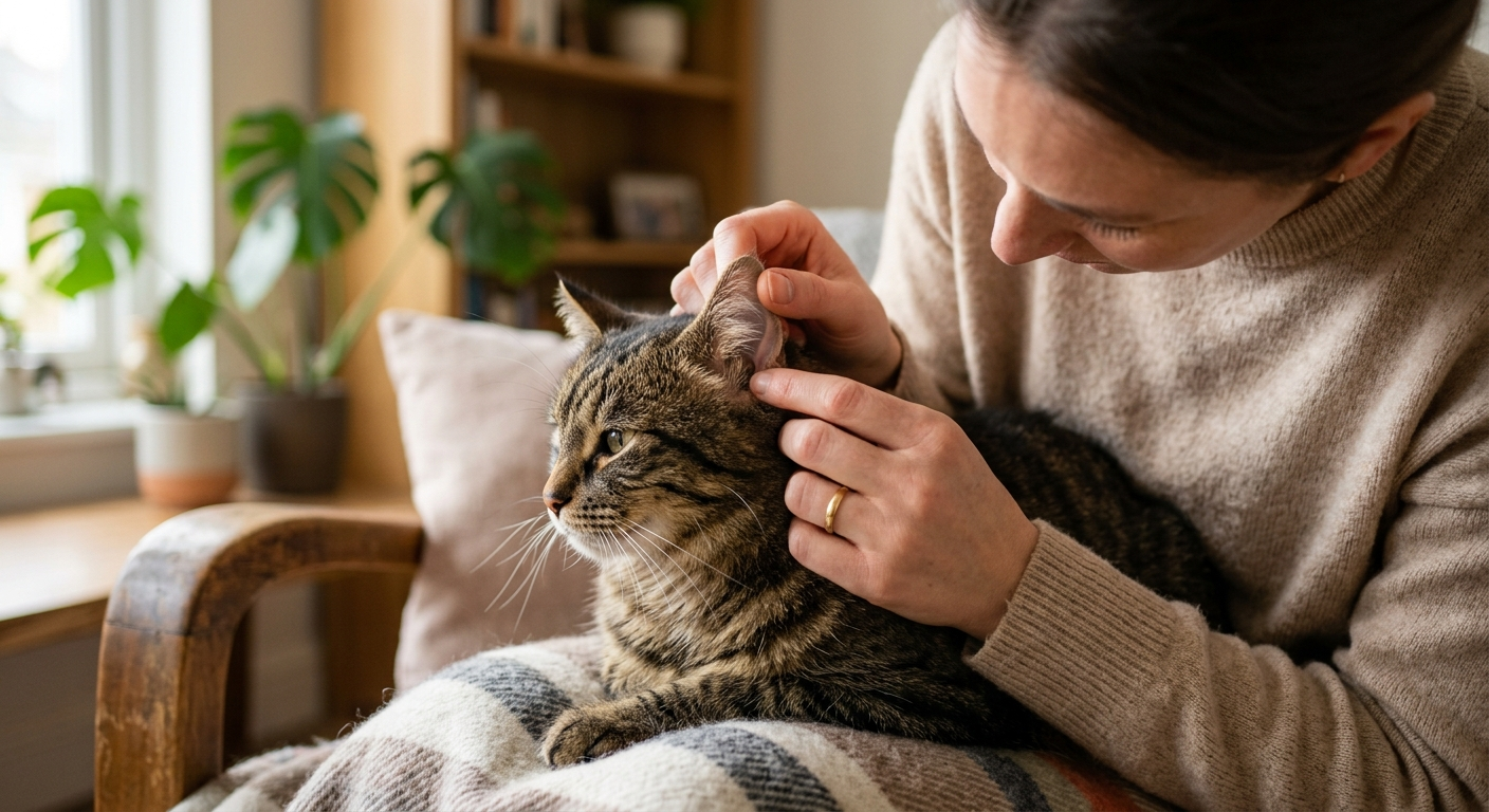A close-up of a tabby cat's ear being gently examined by a person's hand