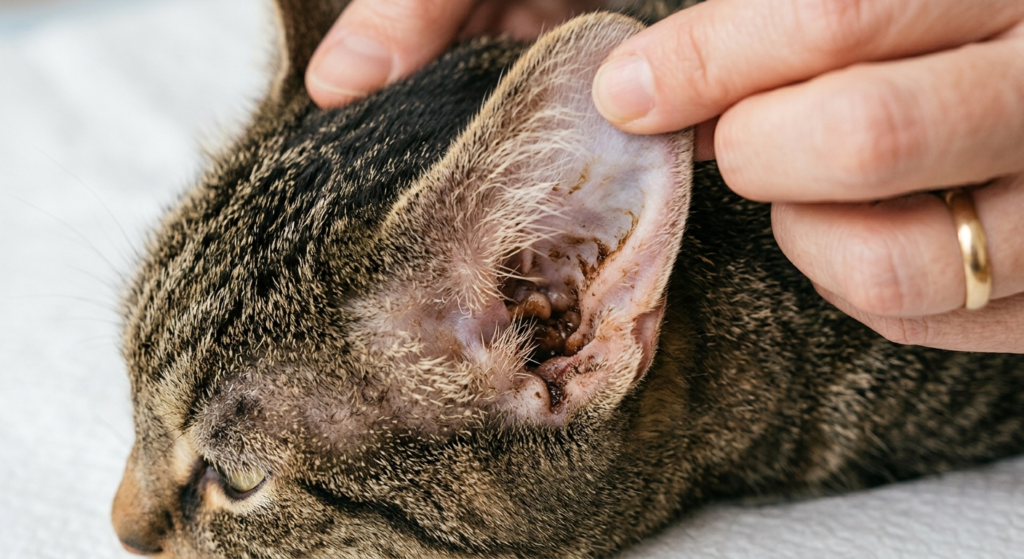Close-up of a cat's inner ear showing brown, greasy, waxy discharge typical of a yeast infection