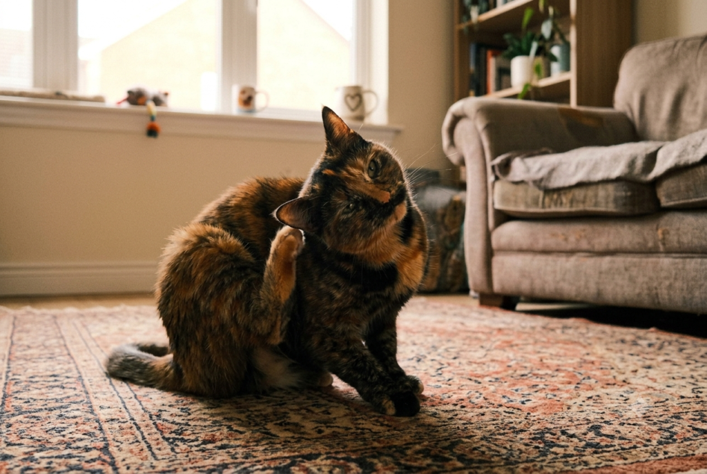 Cat indoors displaying signs of ear irritation with head tilted and showing signs of restlessness from ear mites