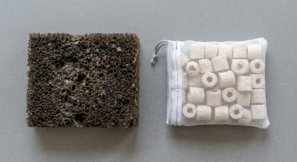 Side-by-side comparison of a clogged filter sponge and clean ceramic biological media
