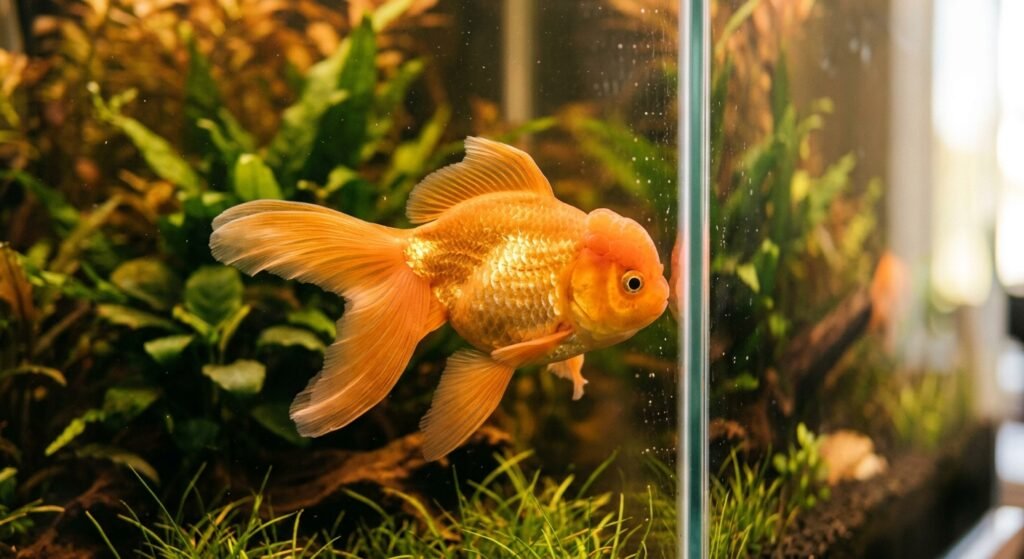 Fancy goldfish swimming in a well-maintained planted aquarium