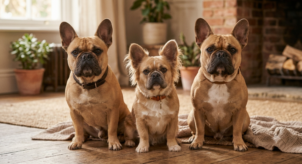 two short haired French Bulldog parents with a fluffy puppy