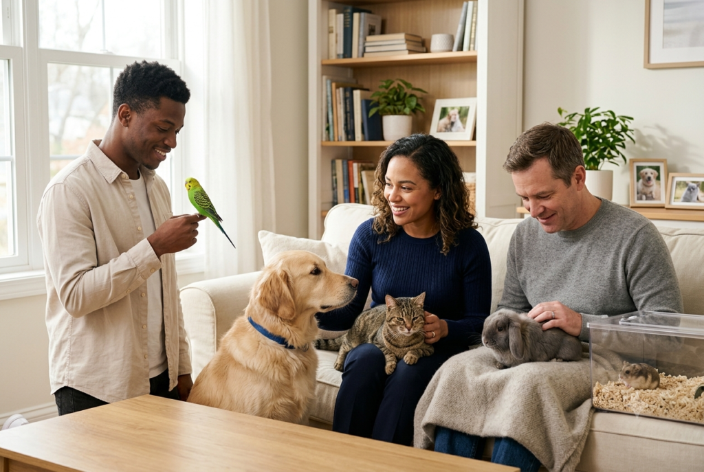 Diverse pets including a dog, cat, bird, and small pet with owners in a home care setting