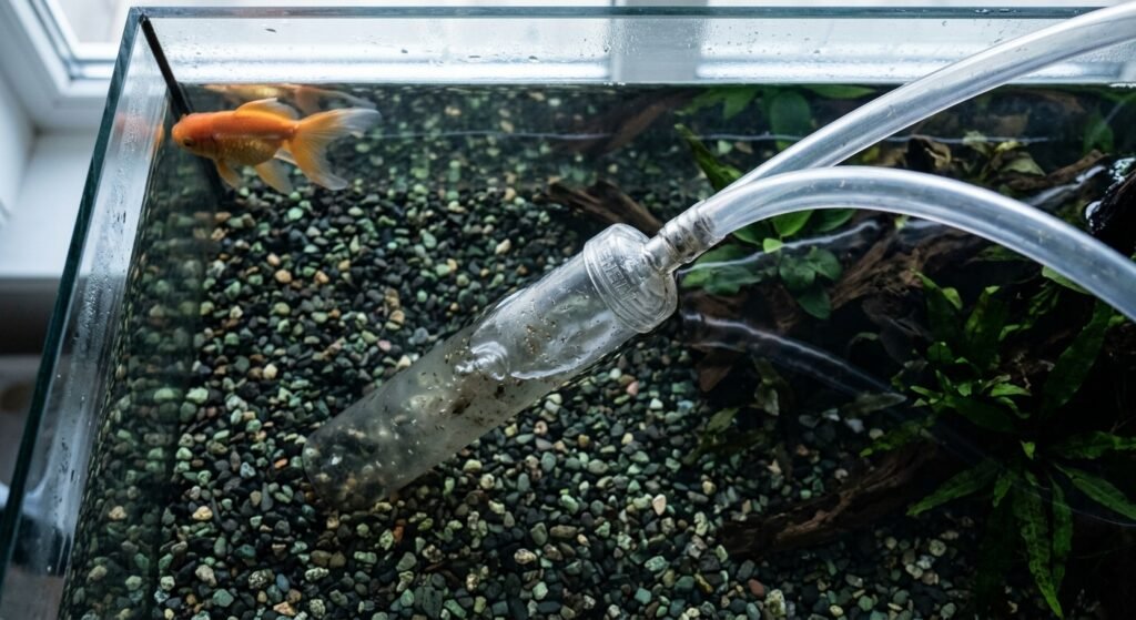 Gravel vacuum removing debris during a goldfish tank water change
