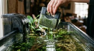 Aquarium filter sponge lifted out of tank with water dripping during cleaning