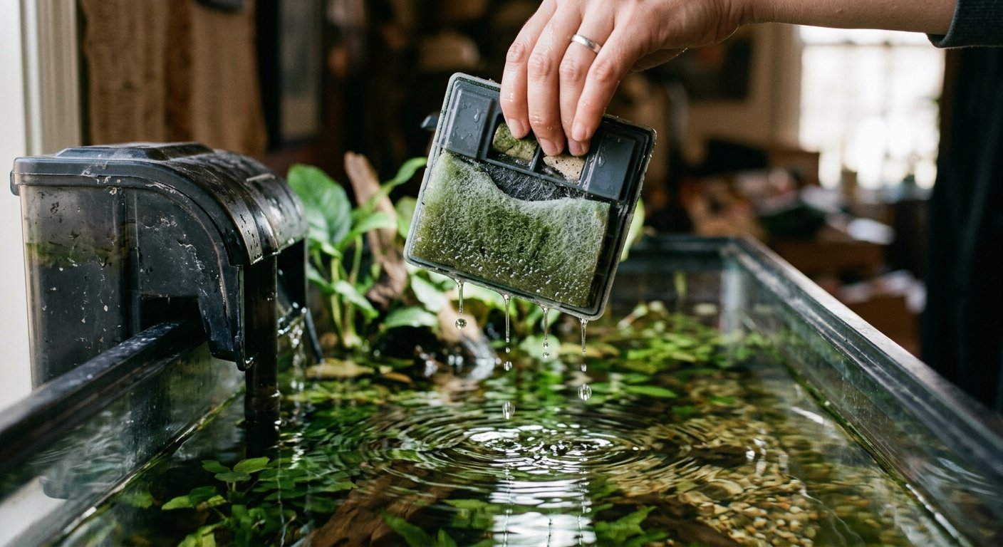 Aquarium filter sponge lifted out of tank with water dripping during cleaning