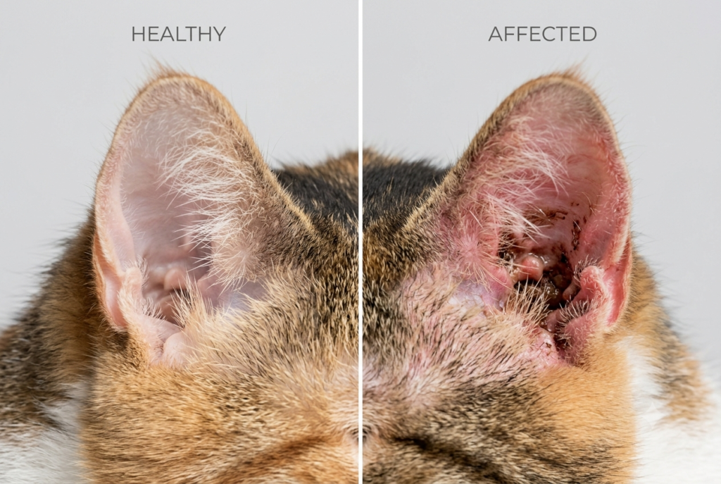 Side-by-side comparison showing a healthy cat ear and an infected ear with discharge and redness