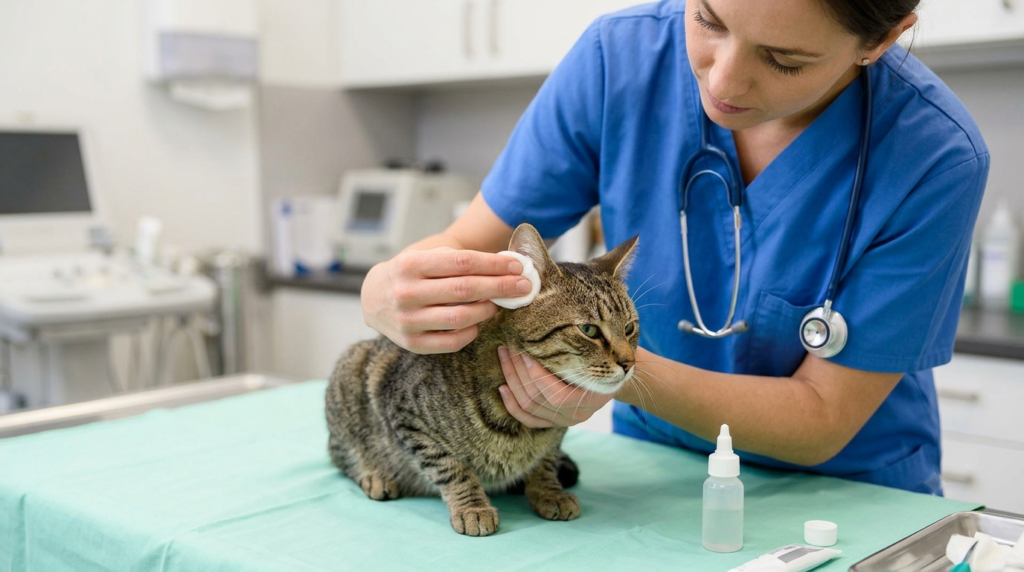 A veterinarian cleaning a cat's ear with a cotton pad during a checkup