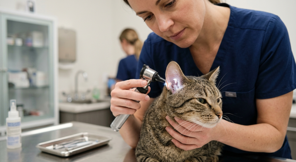 A veterinarian examining a cat's ear with an otoscope during a checkup