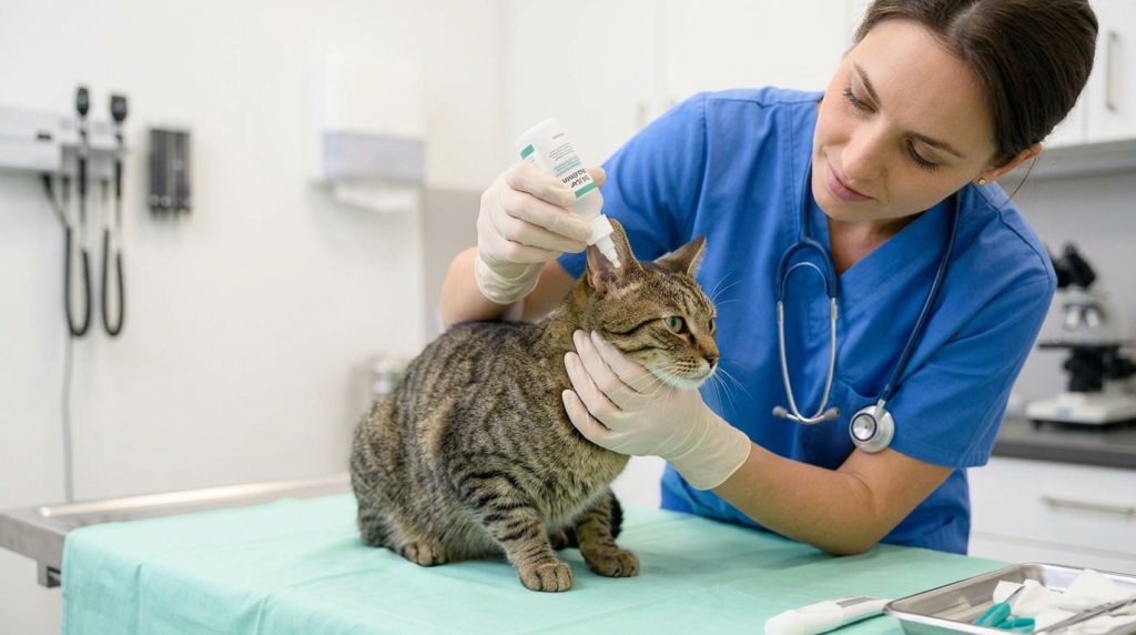 A veterinarian applying ear treatment to a calm cat during an examination