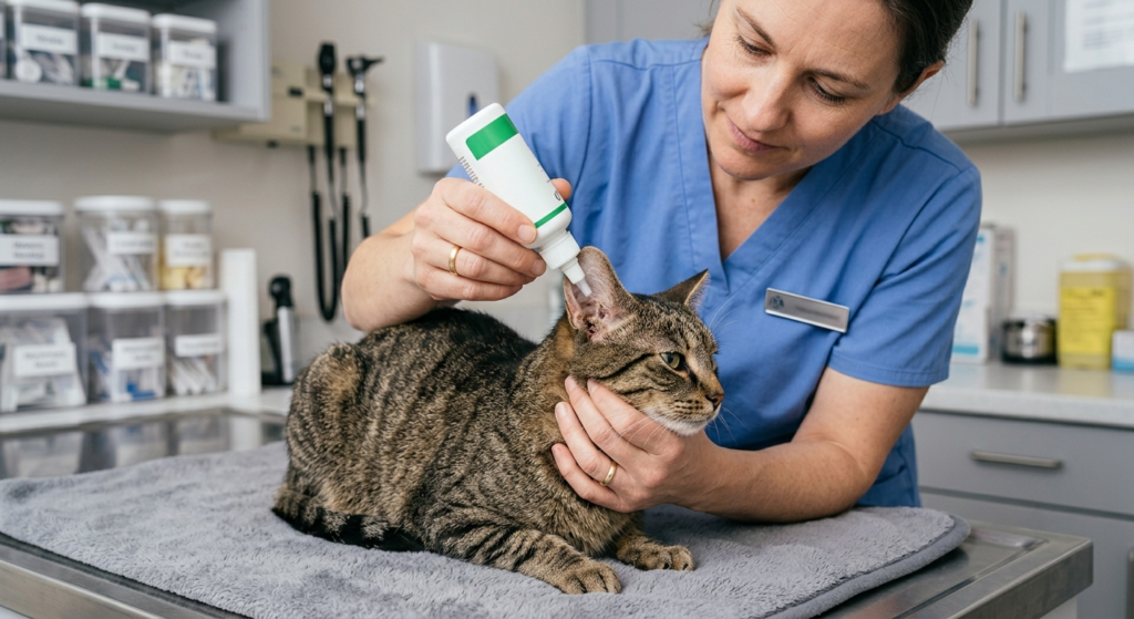  A veterinarian applying antifungal ear medication to a calm cat during a checkup
