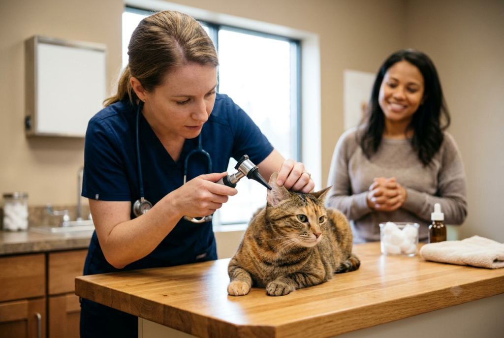Veterinarian using an otoscope to examine a cat's ear during a clinic examination