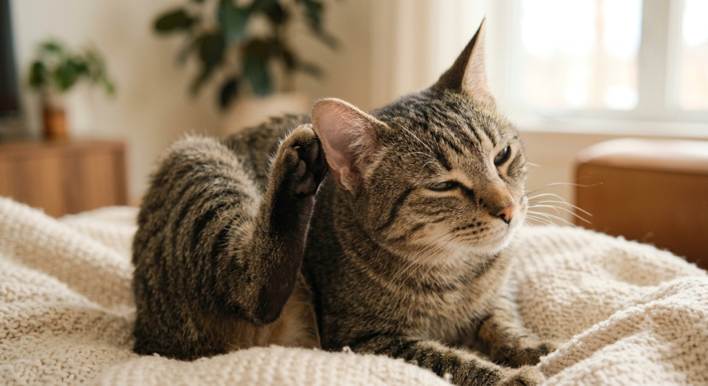 A cat scratching its ear with a hind paw while sitting indoors