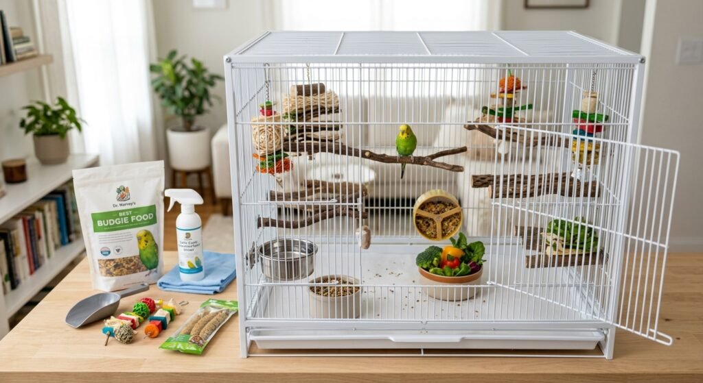 Budgie cage setup with perches, toys, food, and enrichment