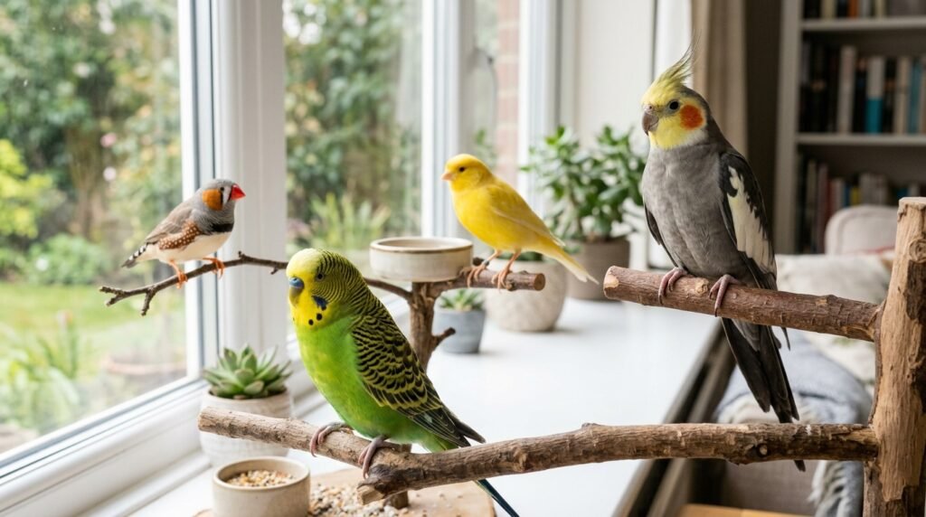 A budgie, cockatiel, canary, and finch representing popular starter birds for first-time owners.