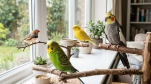 A budgie, cockatiel, canary, and finch representing popular starter birds for first-time owners.