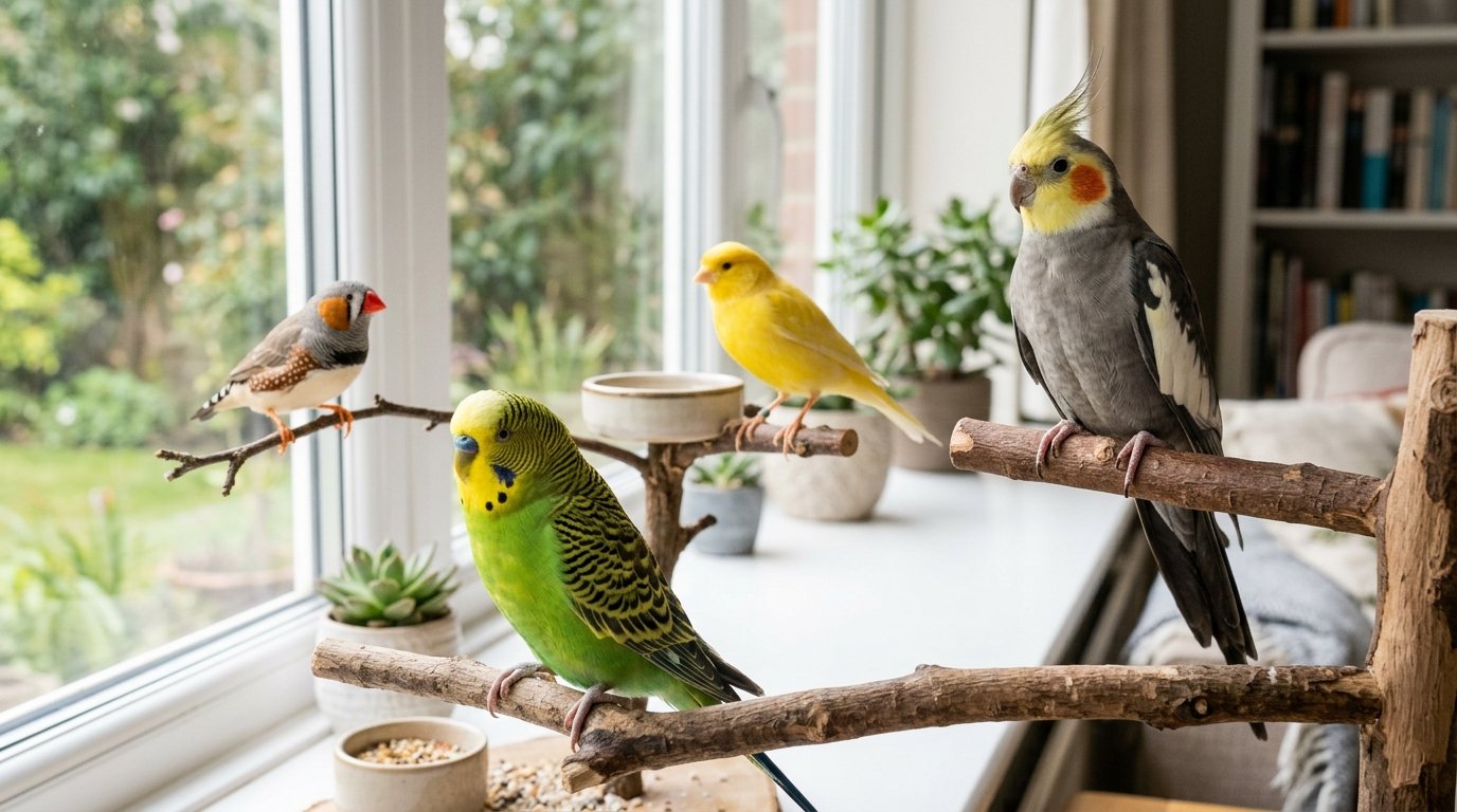 A budgie, cockatiel, canary, and finch representing popular starter birds for first-time owners.