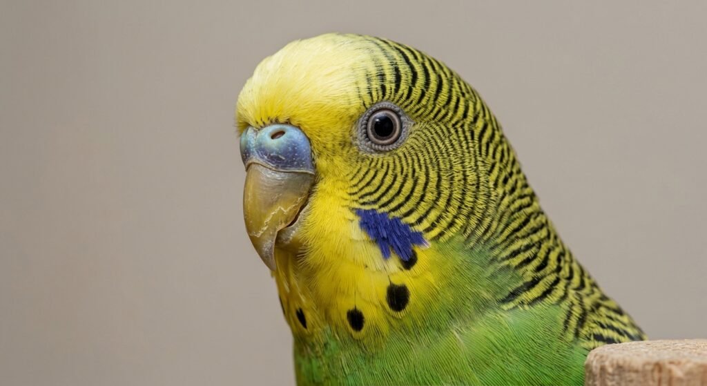 Budgie showing its beak, cere, eyes, and feather markings