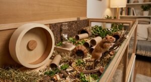 Hamster enclosure with deep bedding, a wheel, log tunnels and hiding places