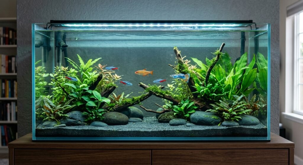 A home aquarium with tropical fish, illustrating signs of declining fish tank water quality.