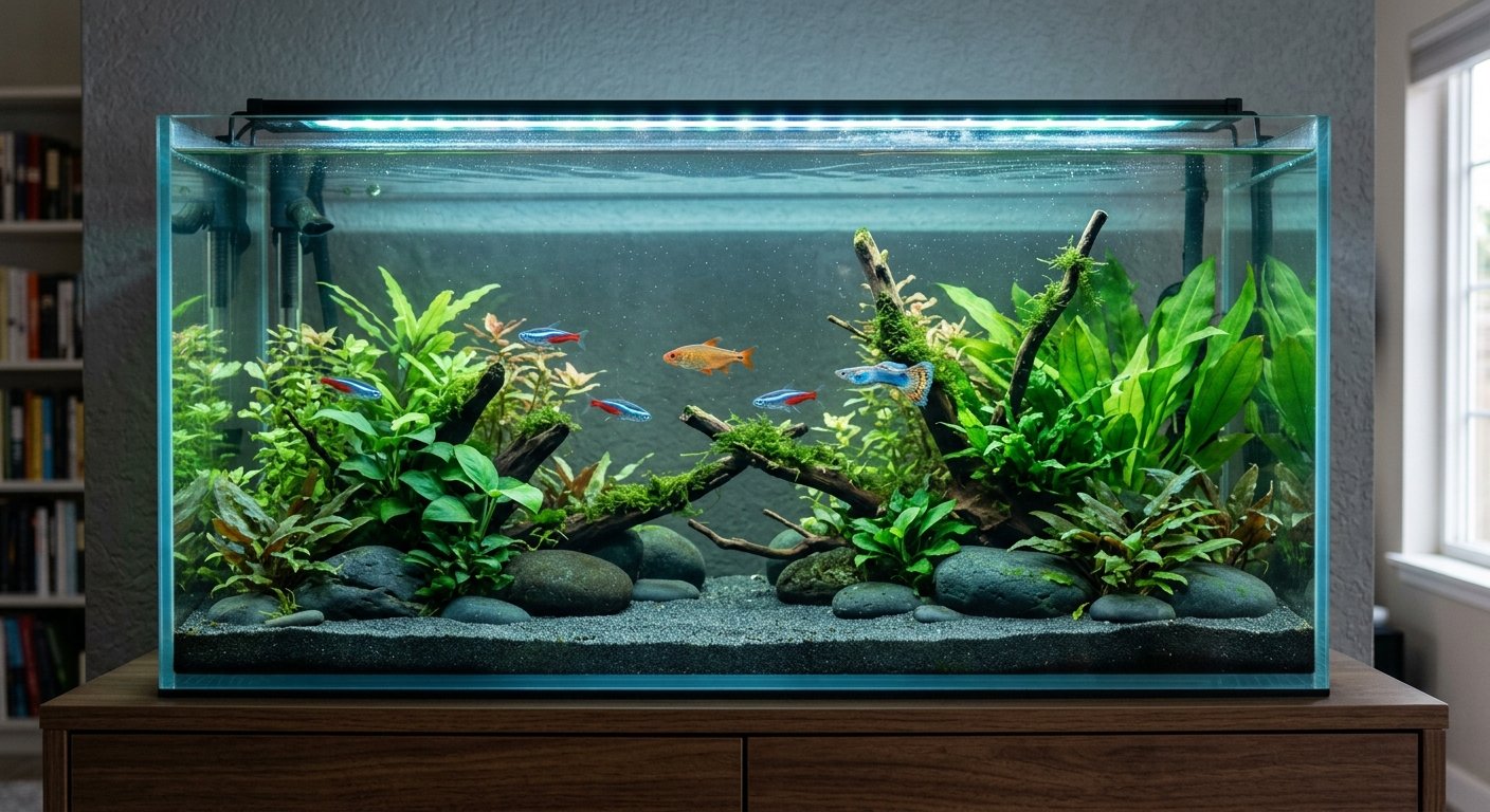 A home aquarium with tropical fish, illustrating signs of declining fish tank water quality.
