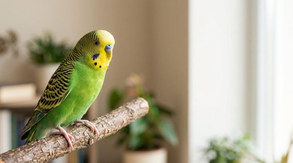 Healthy pet budgie perched indoors as an example of a long-lived companion parakeet.