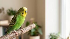 Healthy pet budgie perched indoors as an example of a long-lived companion parakeet.