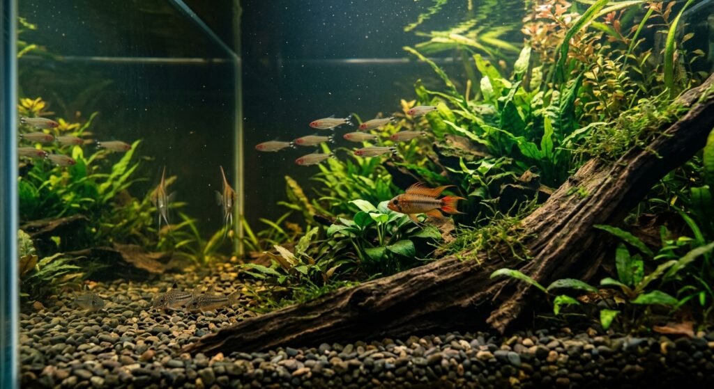 Clear freshwater aquarium with healthy fish, aquatic plants, natural substrate, and clean glass.