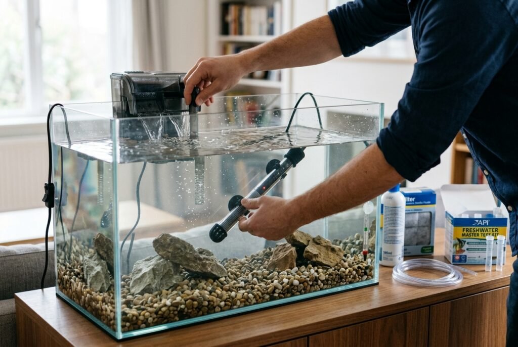 How to cycle a new fish tank with a filter, heater, conditioned water, and test kit