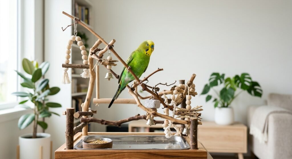 Budgie exploring a safe indoor play stand