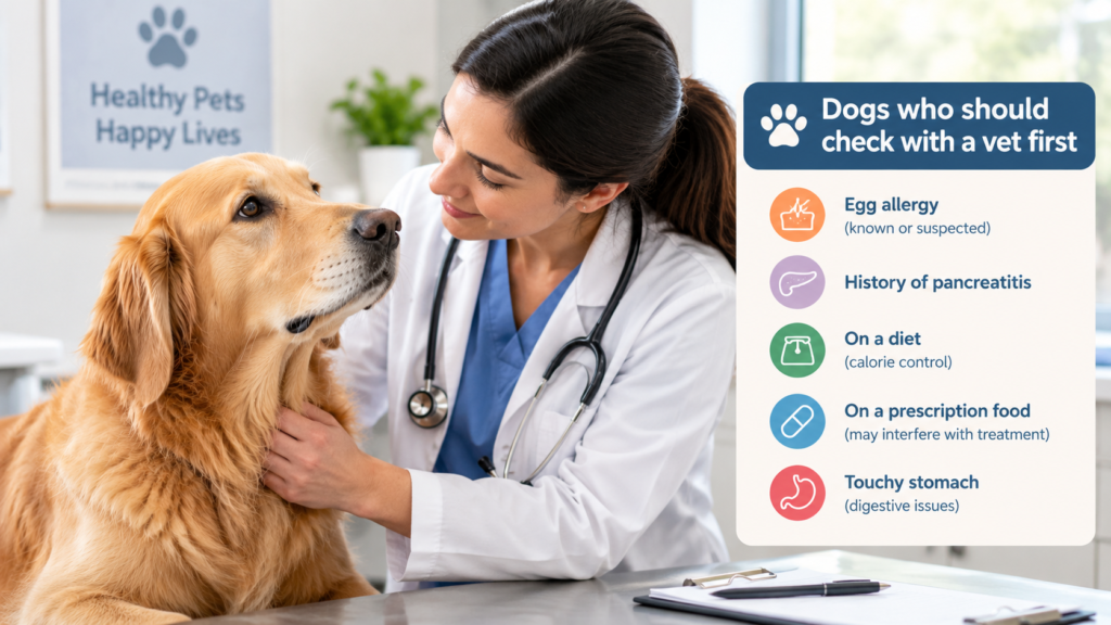 Dogs who should check with a vet first before eating eggs, including dogs with egg allergies, pancreatitis, sensitive stomachs, or special dietary needs.