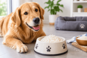 Golden retriever beside bowls of cooked white rice and dog food, illustrating how much rice dogs can safely eat and the 10% daily calorie rule for treats and extras.