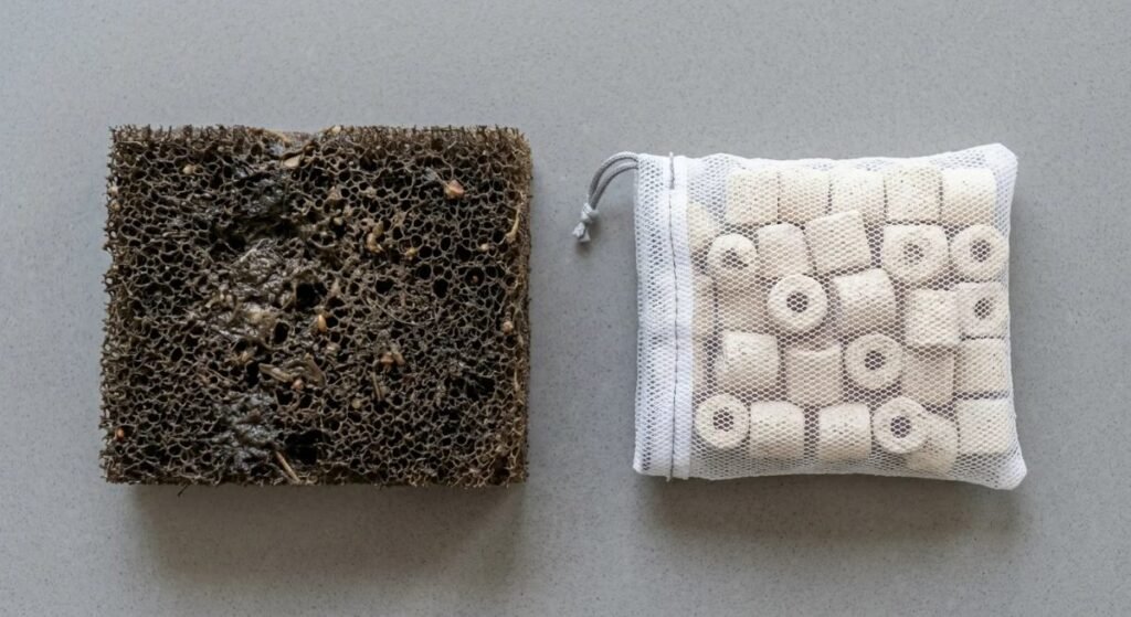 Clogged dark filter sponge beside ceramic biological media rings in a mesh bag