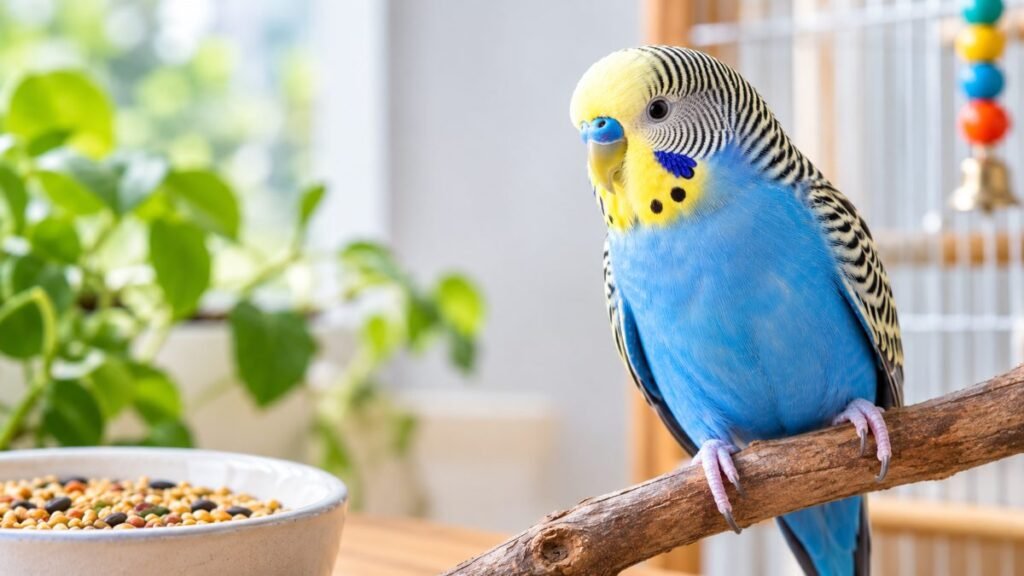 Blue and yellow budgie perched on a branch beside a bowl of seed