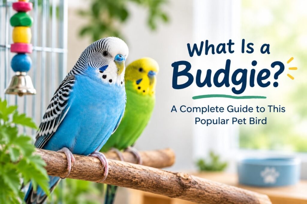 Blue and green budgies perched together on a branch