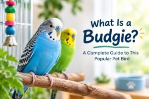 Blue and green budgies perched together on a branch